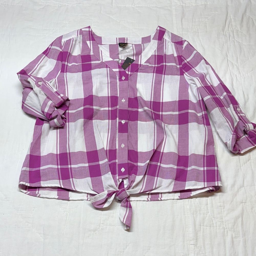 Coastal Cowgirl Purple & White Plaid Tie-Front Top 3/4 Roll Tab Sleeves NWT